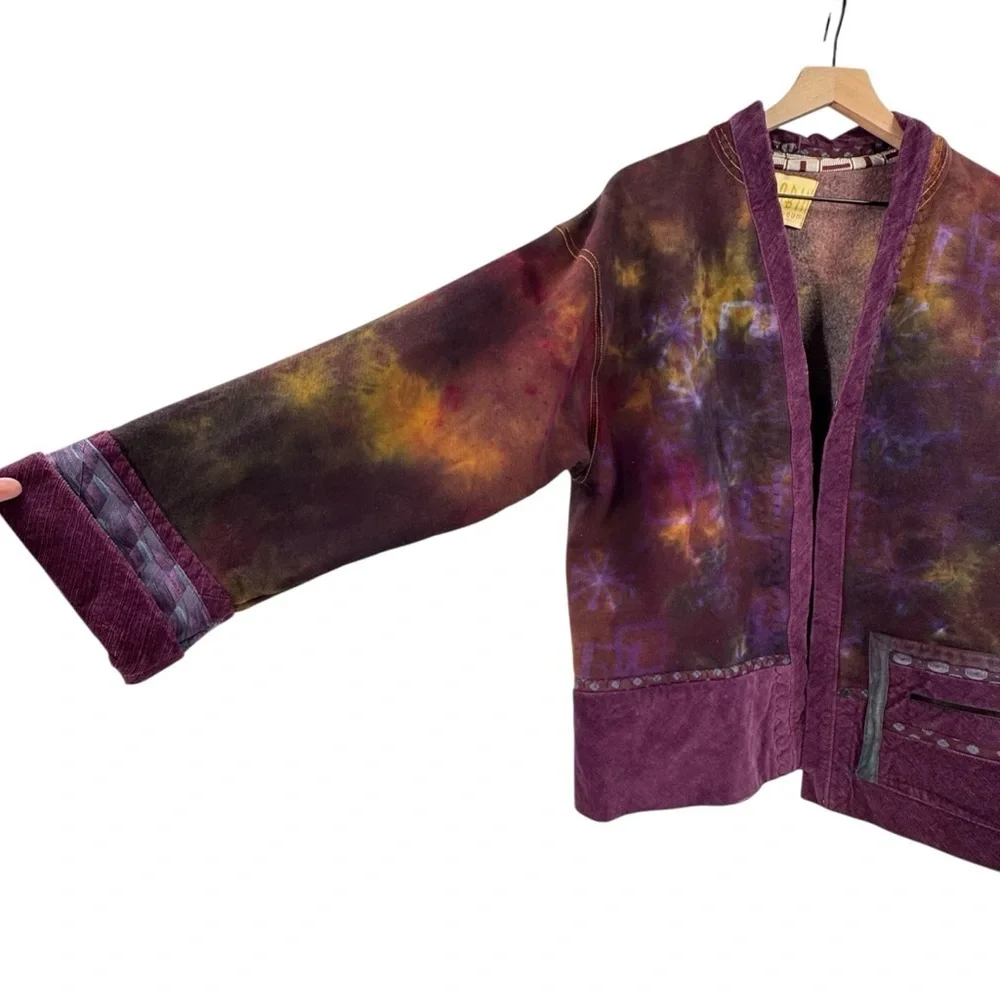 Handmade Tie Dye Lagenlook Cardigan Sweatshirt Kimono Jacket Cord Trim | XL/XXL